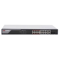 SWITCH MONITOREABLE HIKVISION DS-3E1318P-EI POE+  /  16 PUERTOS 10 / 100 MBPS POE+  /  2 PUERTOS 10 / 100 / 1000 MBPS + 2 PUERTOS SFP DE UPLINK  /  POE HASTA 250 METROS  /  CONEXI